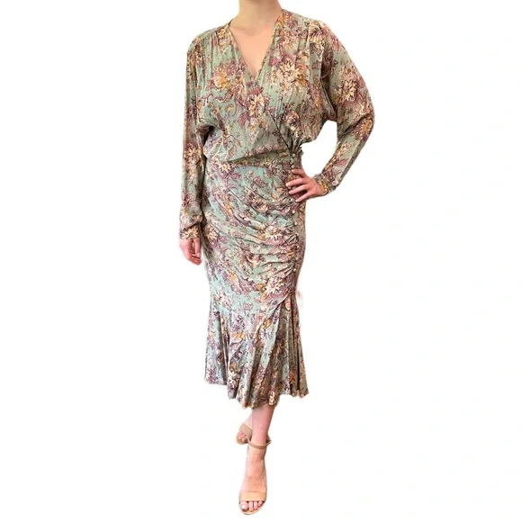 Michelle Stuart Vintage Long Sleeve Floral Button Fit Flare Ruffle Dress Green - Picture 1 of 6